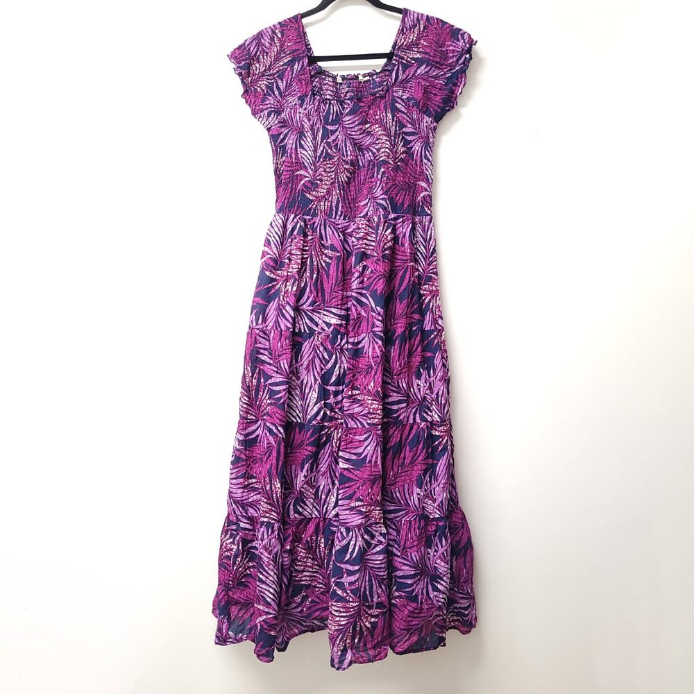 Soft Surroundings Short Sleeve Square Neck Maxi Dress Tropical Print Lined